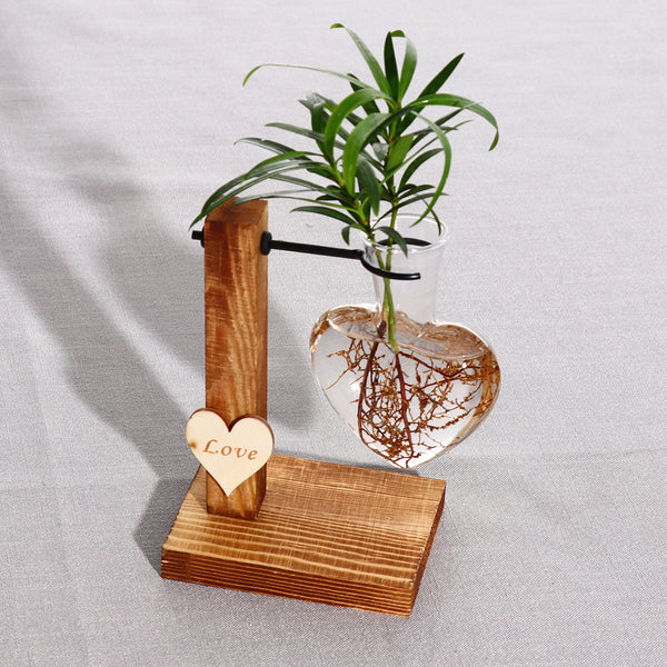 Love Heart Shape Clear Glass Hydroponic Flower Vase Terrarium Wooden Stand Holder Decoratio Glass Tabletop Plant Flower Vase - Asma fashion gallary